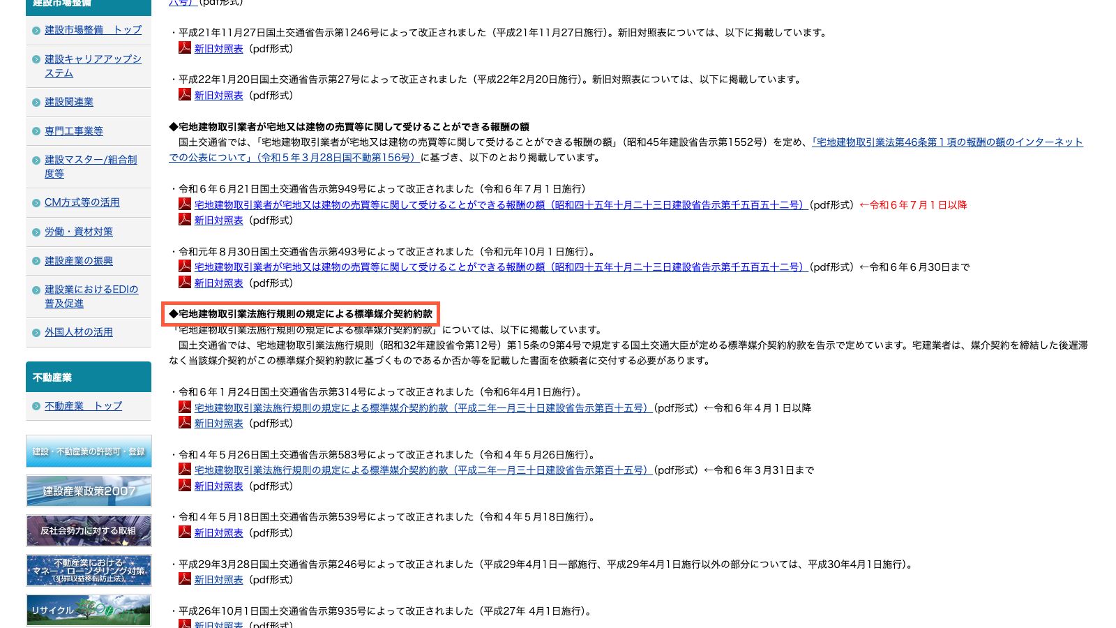 国土交通省の宅地建物取引業法関係ページ。標準媒介契約約款のPDFが置かれている