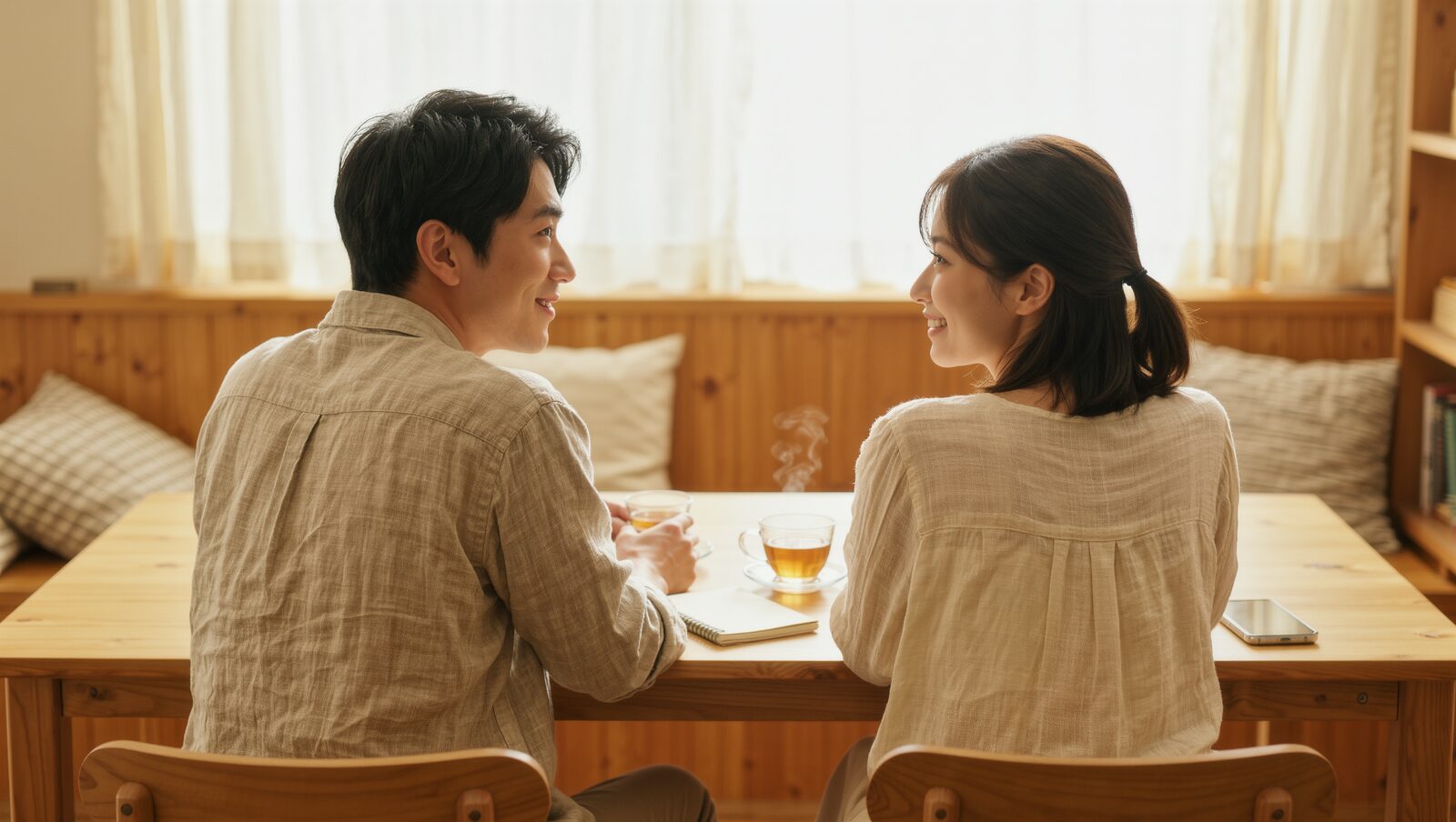 木のテーブルでお茶を飲みながら穏やかに話し合う夫婦の後ろ姿