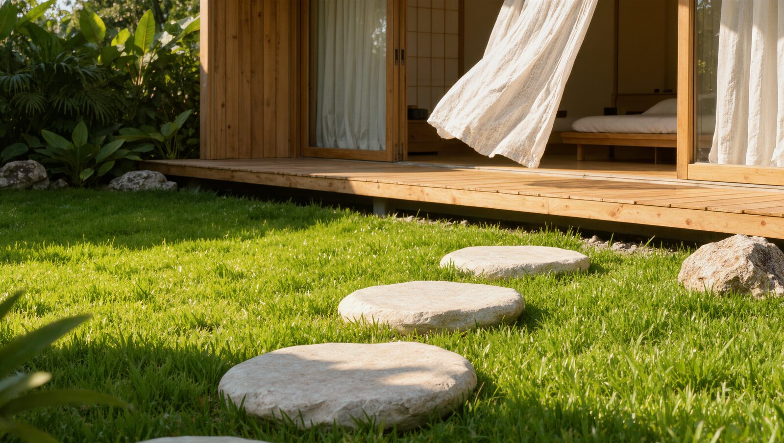 日差しの庭に続く飛び石と、木の縁側のある家
