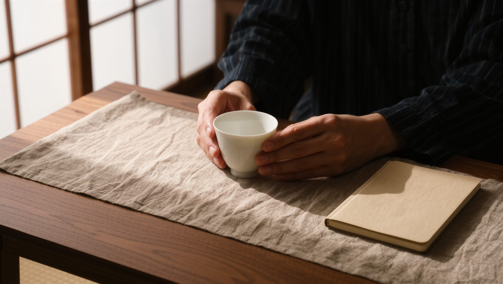 障子の光が差す和室で、湯のみを両手で包んでひと息つく様子