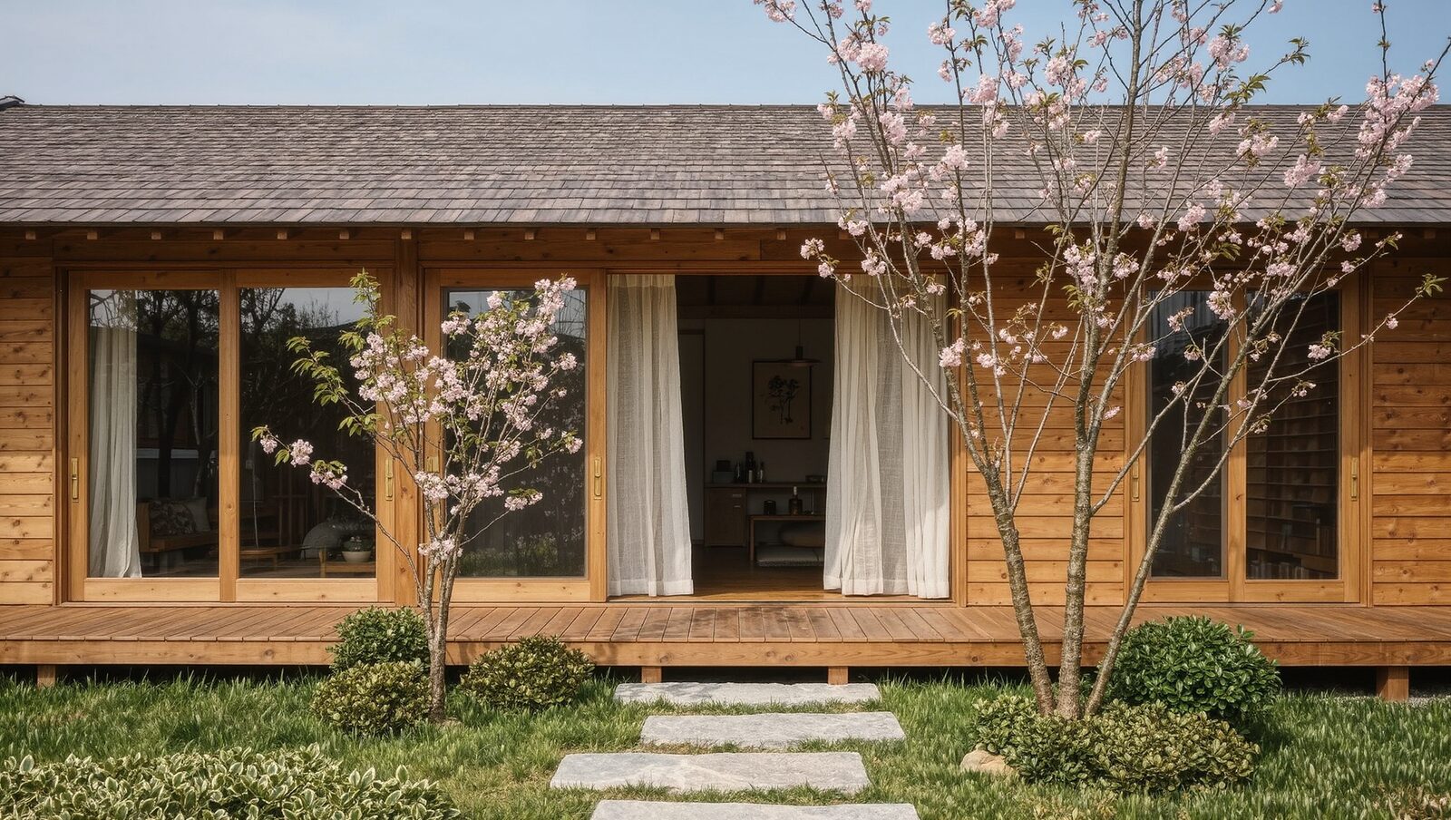 桜の木と庭の飛び石がある、木の外壁の落ち着いた日本の住まい