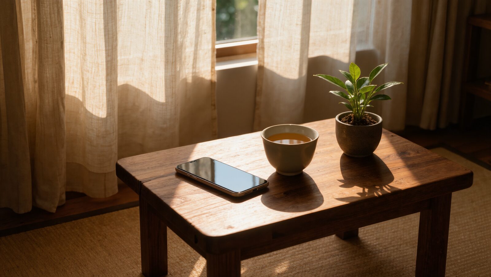 午後の光が入る静かな部屋の木のテーブルとお茶と観葉植物