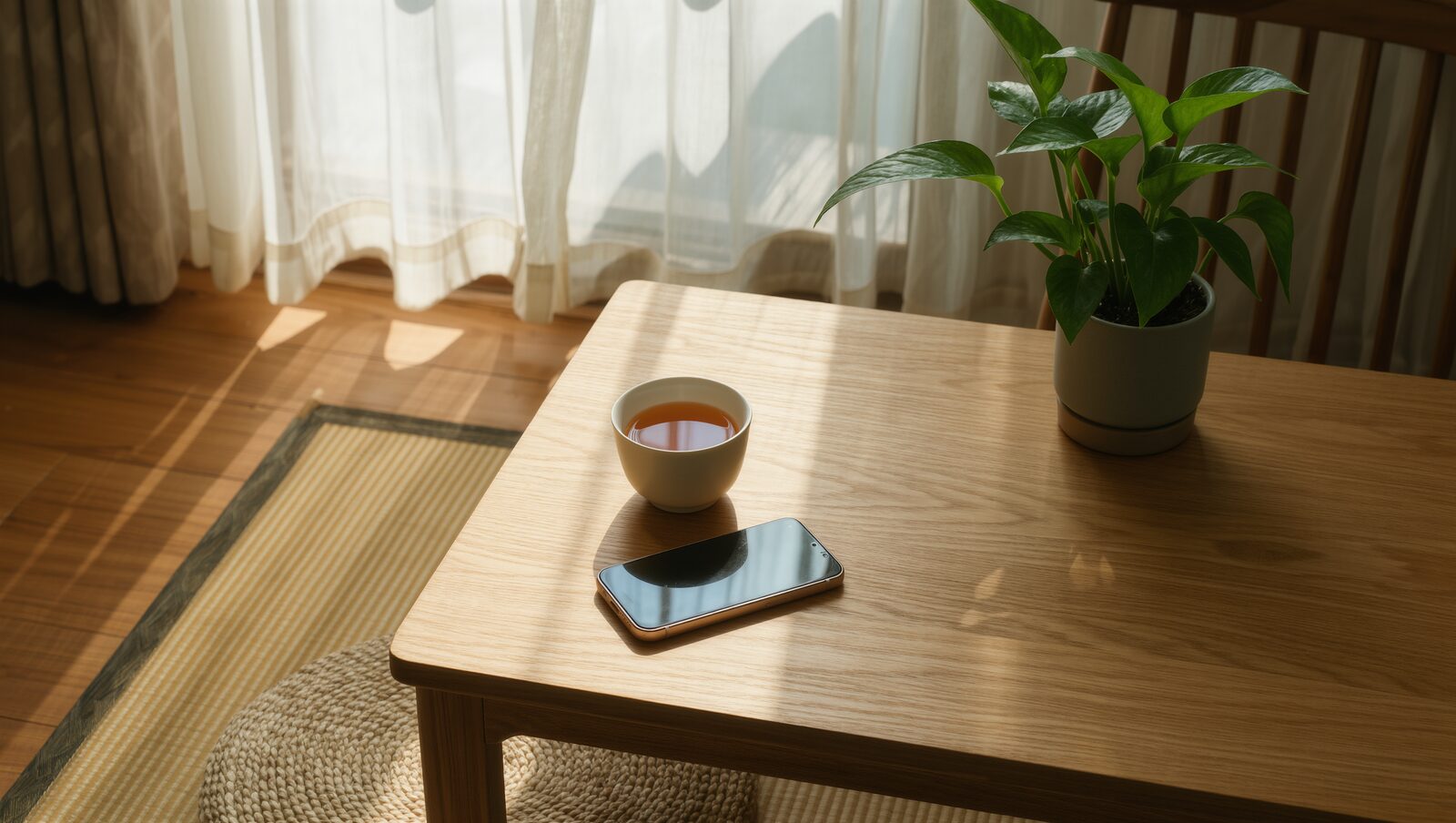 リネンのカーテン越しの光が差す机に、お茶とスマートフォンが置かれた静かな部屋