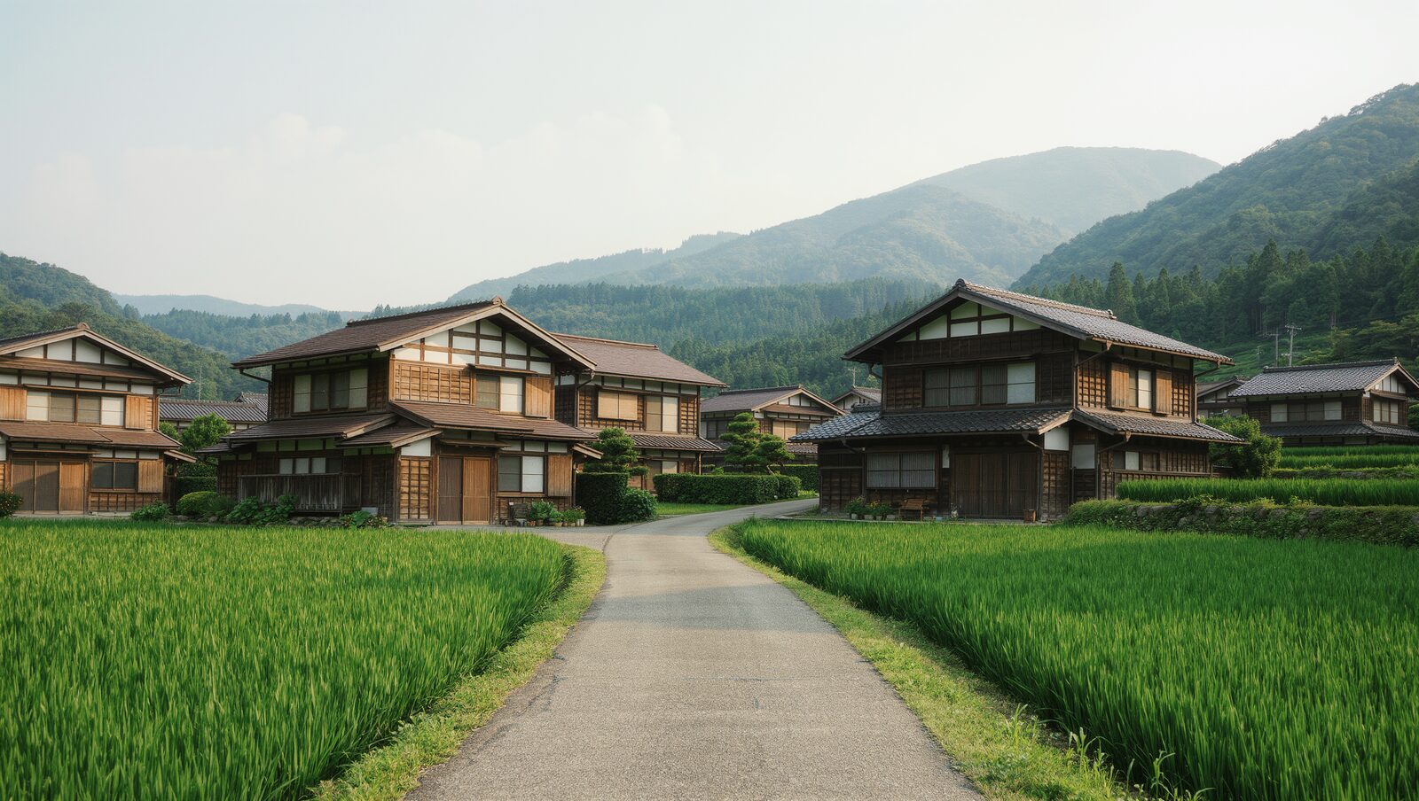 田んぼと山に囲まれた、地方の静かな集落に並ぶ戸建て住宅