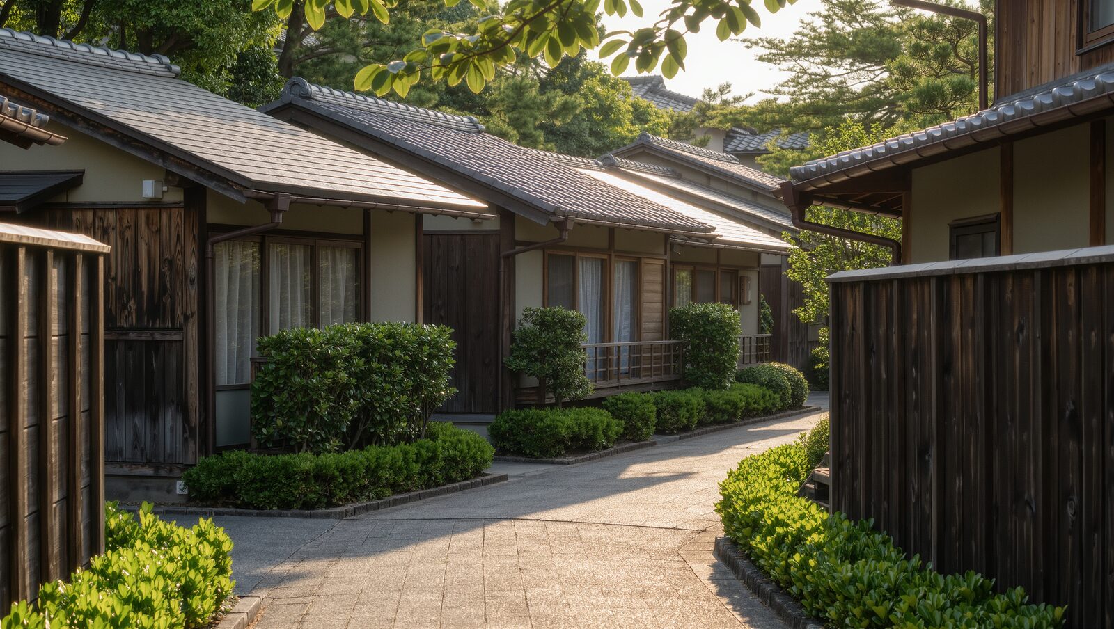 木の塀と緑に囲まれた、日差しのやわらかな住宅街の小道